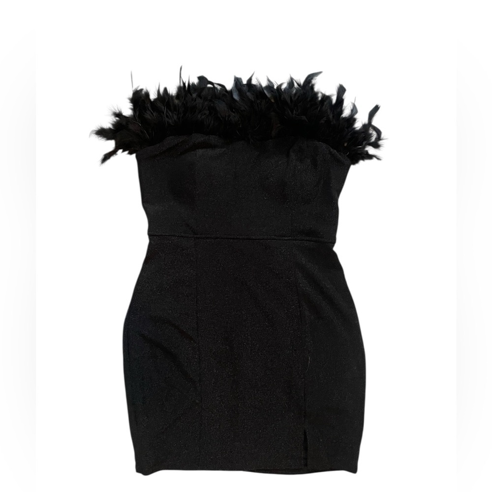Elegant Black Shimmer Strapless‎ Mini Dress with Ostrich Feather Trim M